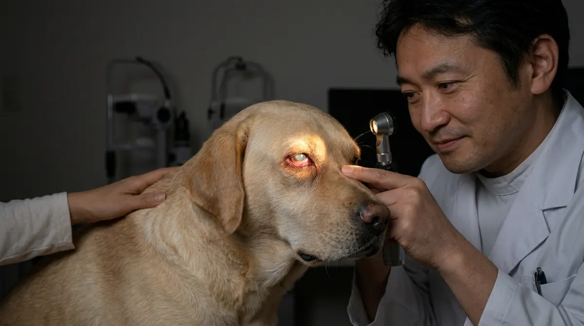 動物眼科医がスリットランプで犬の眼を詳細検査している診療場面（実写風）