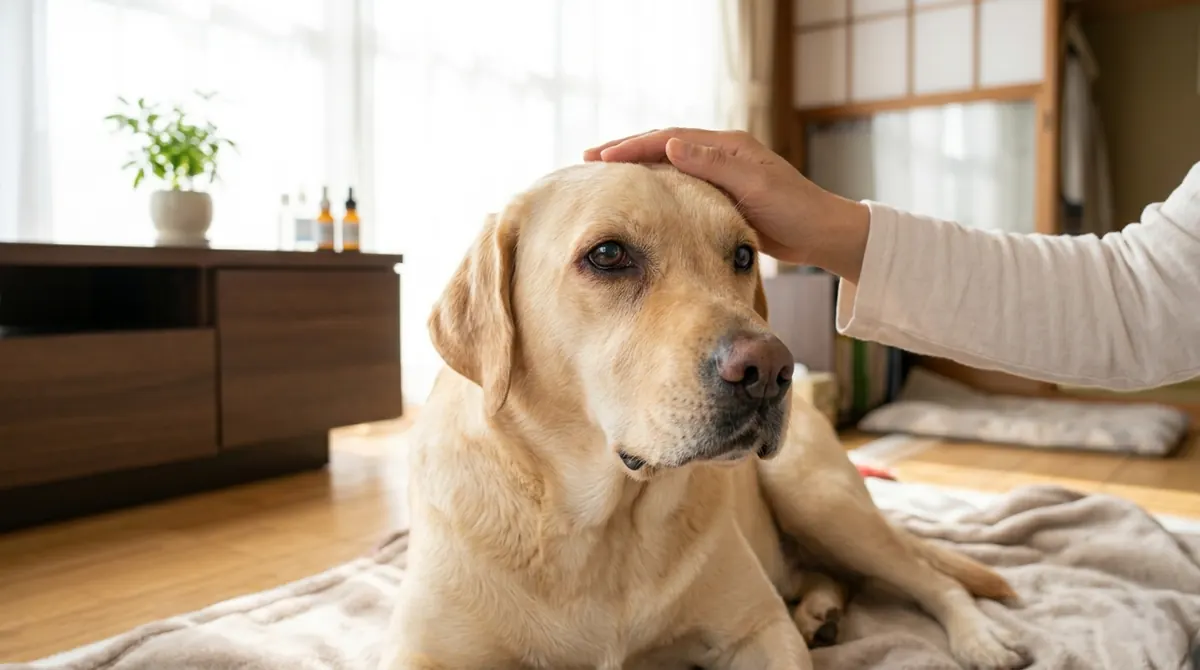 動物病院で眼科治療を受けた後に回復した犬と安心した表情の飼い主（実写風）