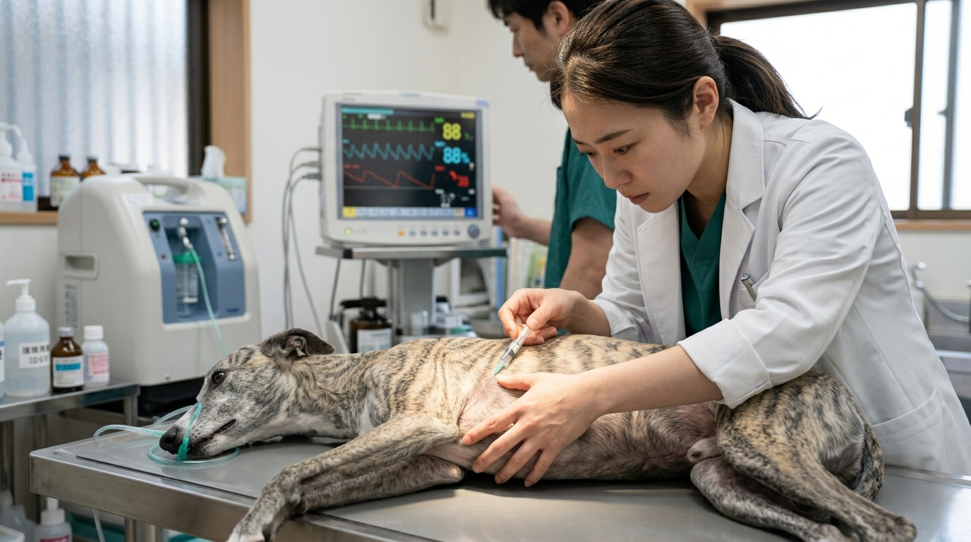 動物病院で獣医師が犬の胸部にX線撮影を行い診断している場面（実写風）