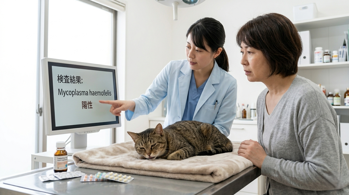 動物病院で猫の血液検査を実施し顕微鏡で観察する獣医師（実写風）
