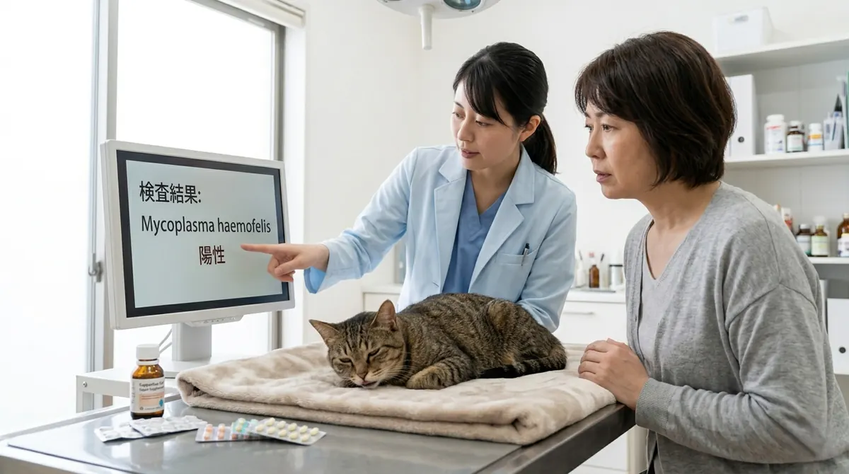 動物病院で猫の血液検査を実施し顕微鏡で観察する獣医師（実写風）
