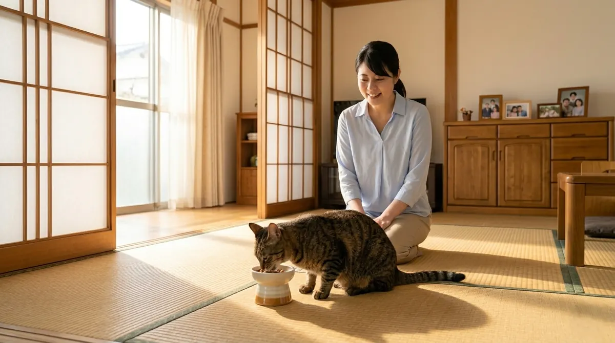 治療後に回復して食欲が戻り元気になった猫と安堵した飼い主（実写風）