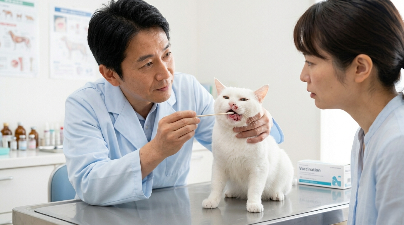 動物病院で点滴治療を受けている猫と看護する獣医師（実写風）
