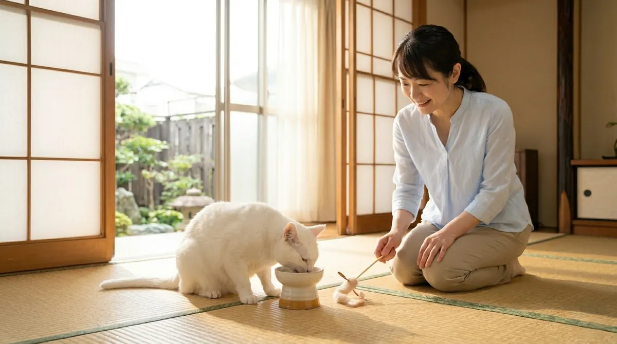 治療を受けて回復しウェットフードを食べ始めた猫と安堵する飼い主（実写風）
