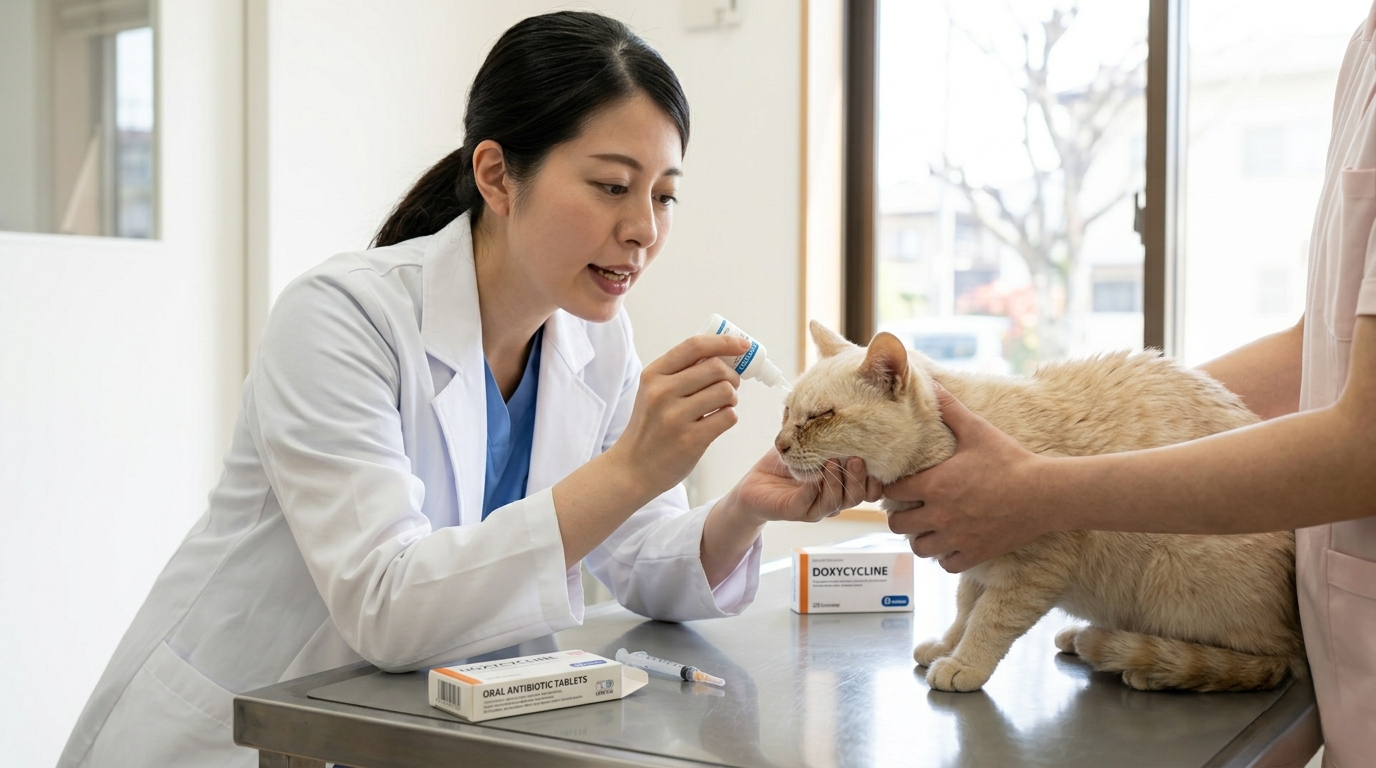 動物病院で猫の眼にスワブ検査を実施する獣医師（実写風）