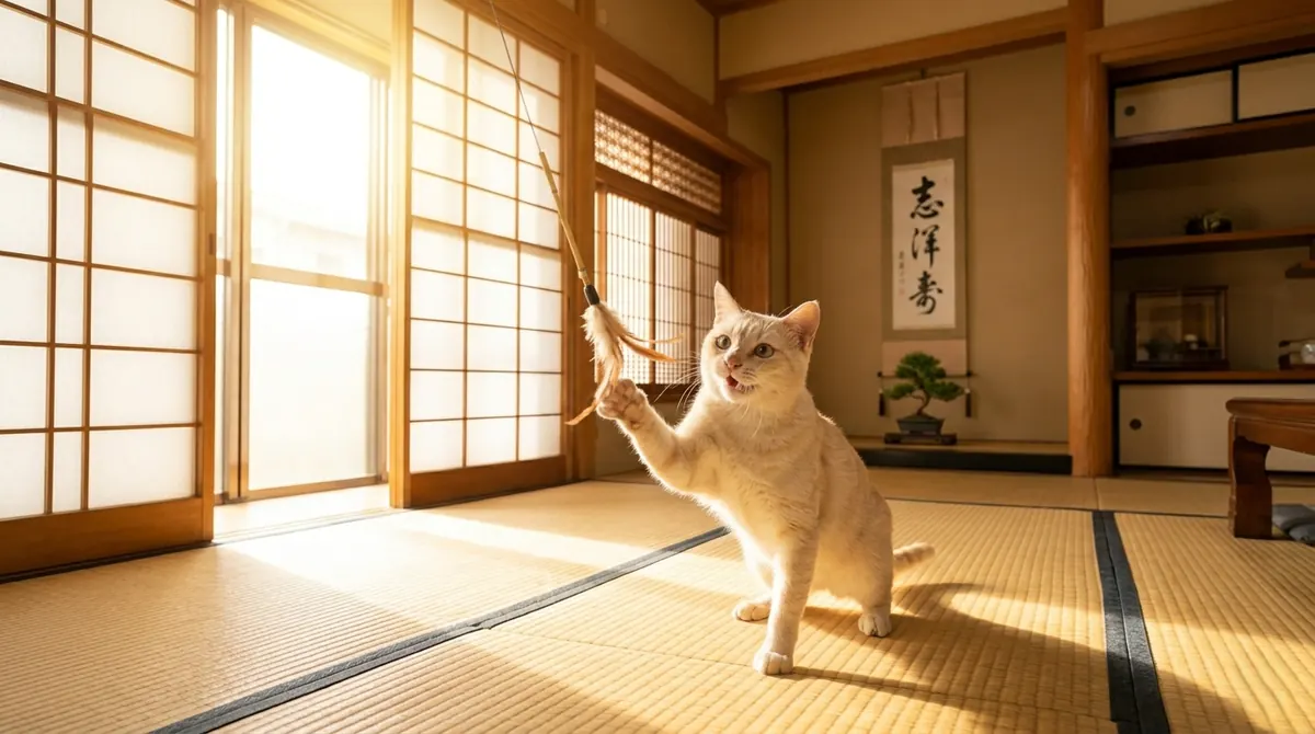 点眼治療と内服治療で目が回復した猫と安心した表情の飼い主（実写風）
