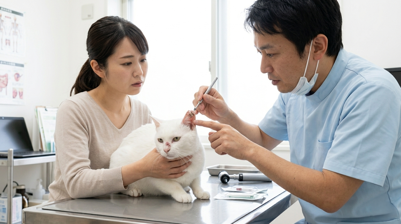 日本の動物病院で猫の口腔内を検査する獣医師と飼い主の様子（実写風）