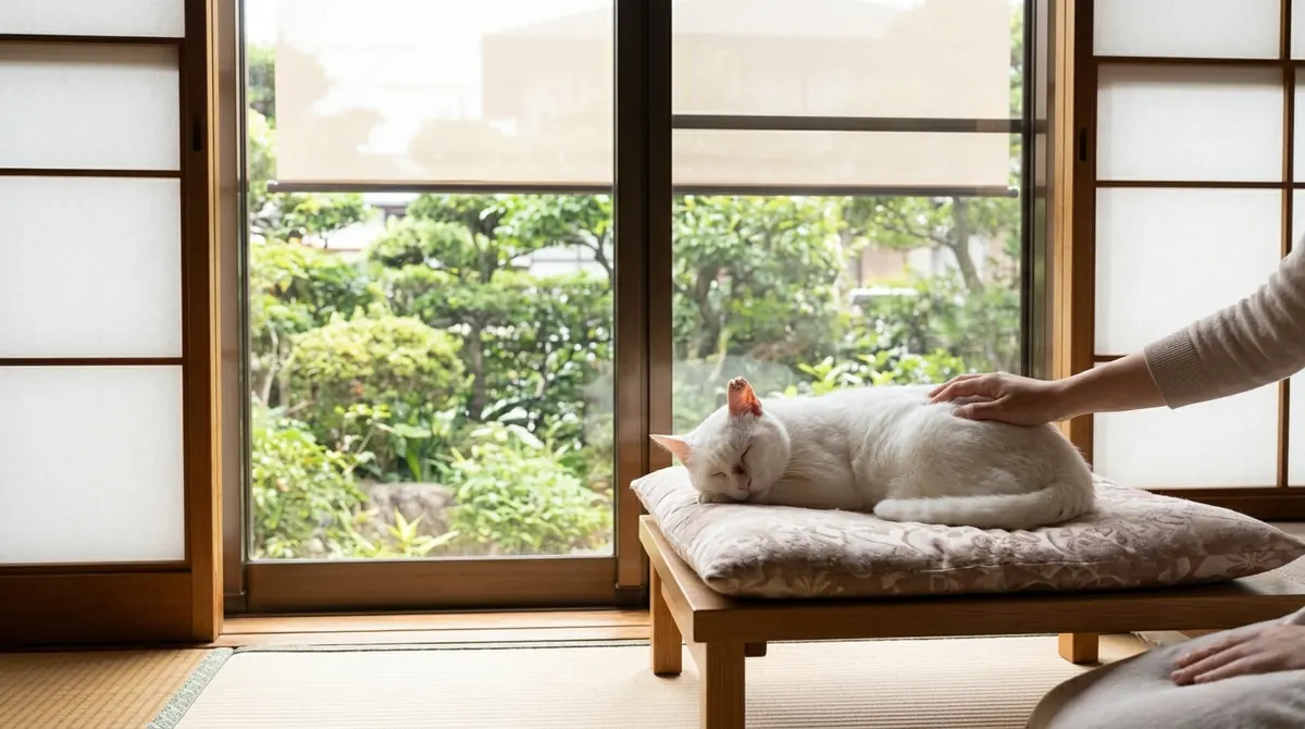 日本の動物病院で猫の扁平上皮癌について獣医師から説明を受ける飼い主（実写風）