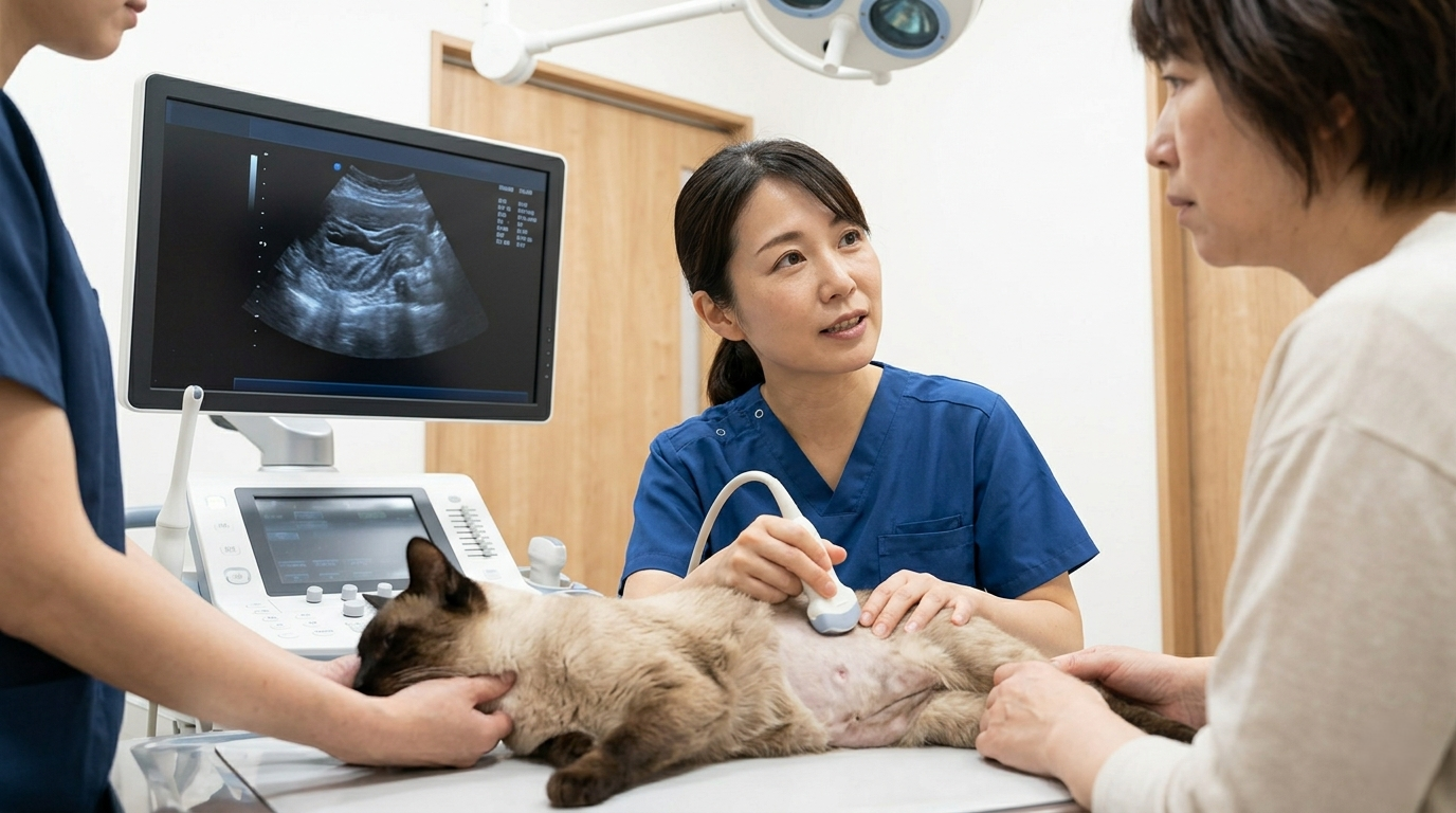 日本の動物病院で猫の腹部超音波検査を行う獣医師の様子（実写風）