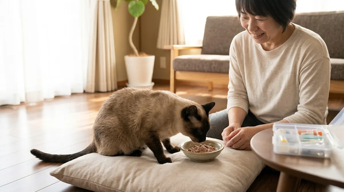 日本の動物病院で猫の腸リンパ腫の治療について説明する獣医師と飼い主（実写風）
