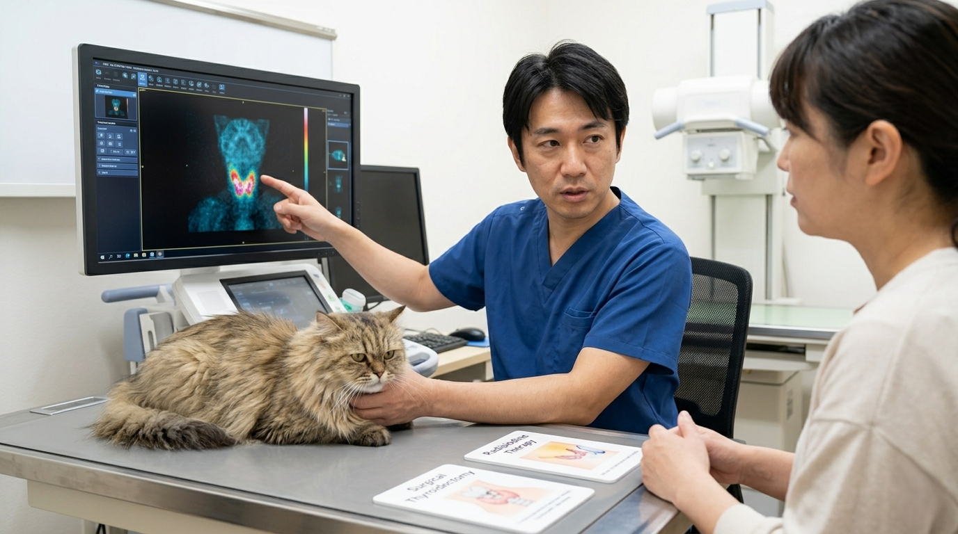 日本の動物病院で猫の甲状腺腫瘍の超音波検査を行う様子（実写風）