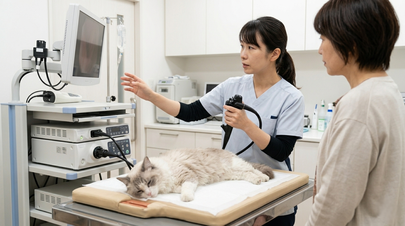 日本の動物病院で猫の腸内の内視鏡検査を準備する獣医師と助手（実写風）