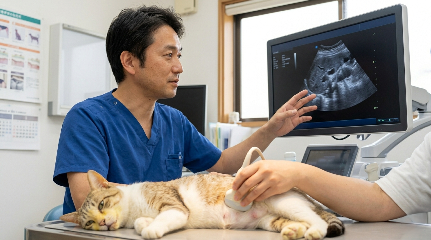 日本の動物病院で猫の腹部超音波検査を実施する獣医師（実写風）