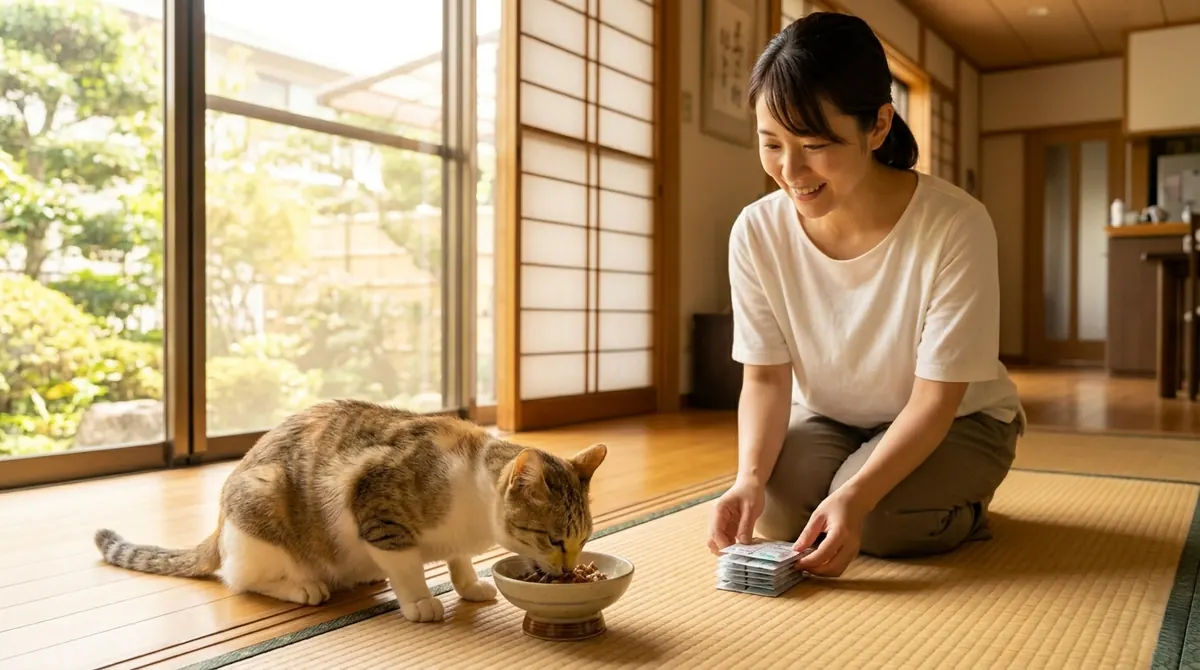 日本の動物病院で猫の胆管肝炎治療について説明する獣医師と飼い主（実写風）