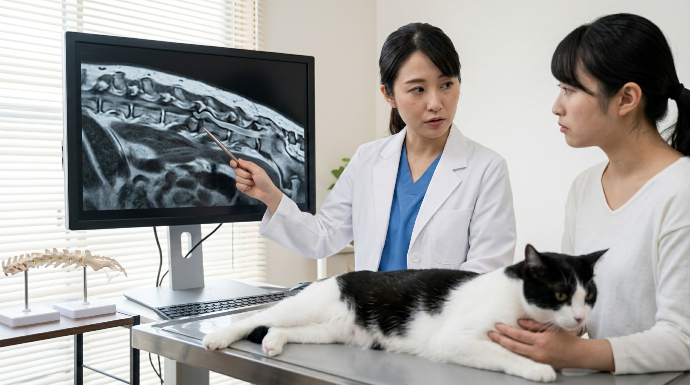 動物病院でMRI検査の準備を進める獣医師と麻酔下の猫の様子（実写風）