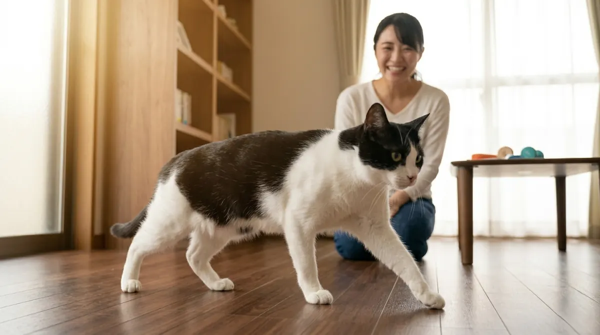 リハビリ用ステップを使って棚に上がる猫と見守る飼い主（実写風）