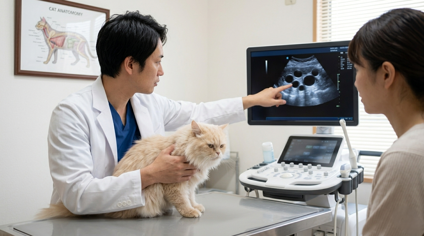 超音波プローブを猫の腹部に当てて腎臓を観察する獣医師のクローズアップ（実写風）