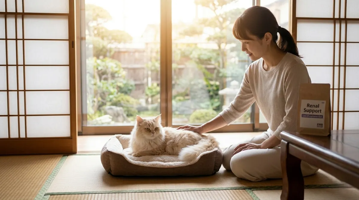 給水器の前でゆったりと水を飲む白いペルシャ猫（実写風）