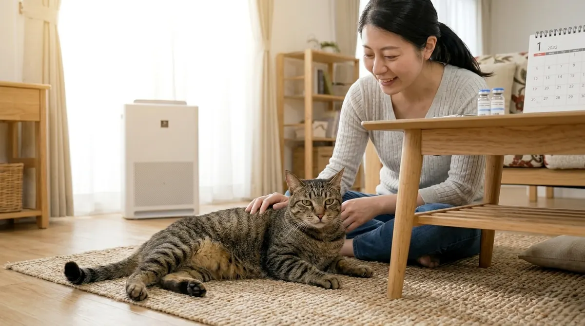 日当たりの良い部屋で毛づくろいをする猫と観察している飼い主（実写風）