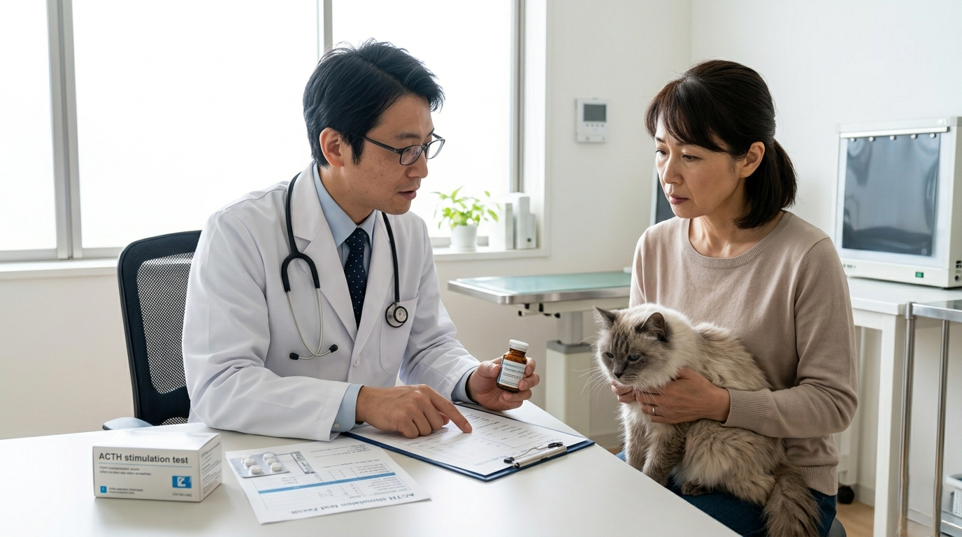 動物病院の診察室でホルモン補充薬を準備する獣医師と飼い主（実写風）