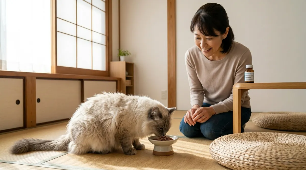 暖かい日差しの中でくつろぐ猫と笑顔でそばに座る飼い主（実写風）