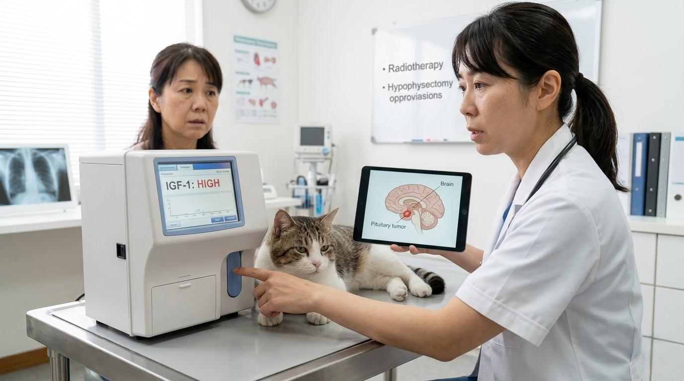 MRI装置に近づく獣医師チームと検査準備中の動物病院の処置室（実写風）