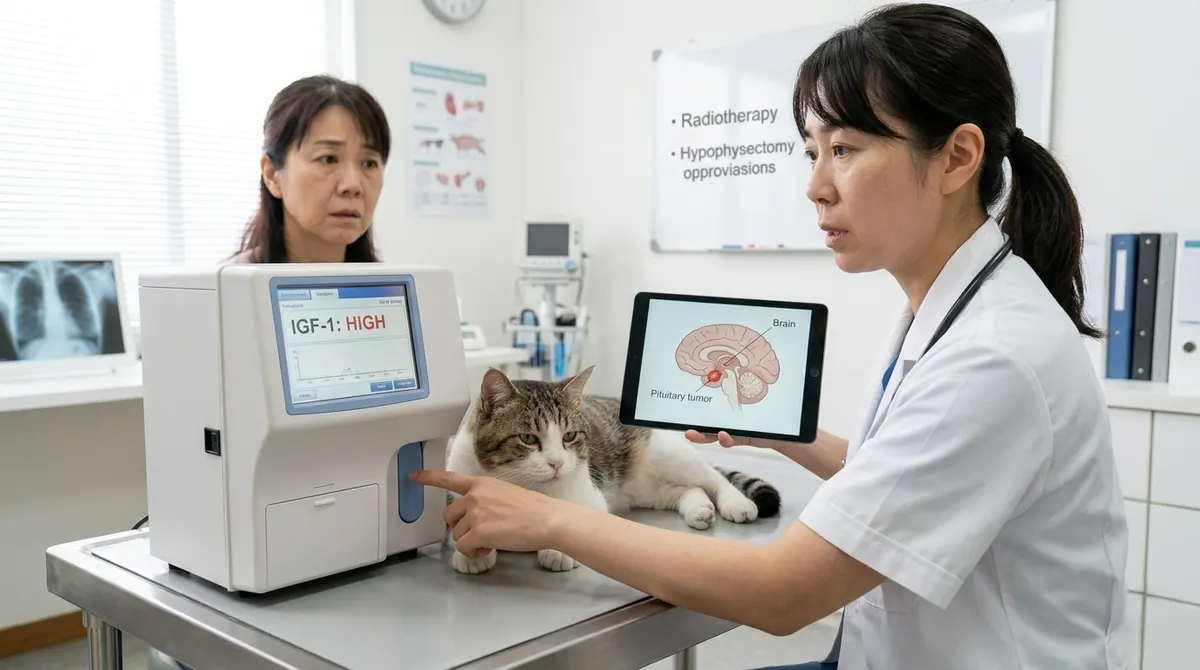 MRI装置に近づく獣医師チームと検査準備中の動物病院の処置室（実写風）