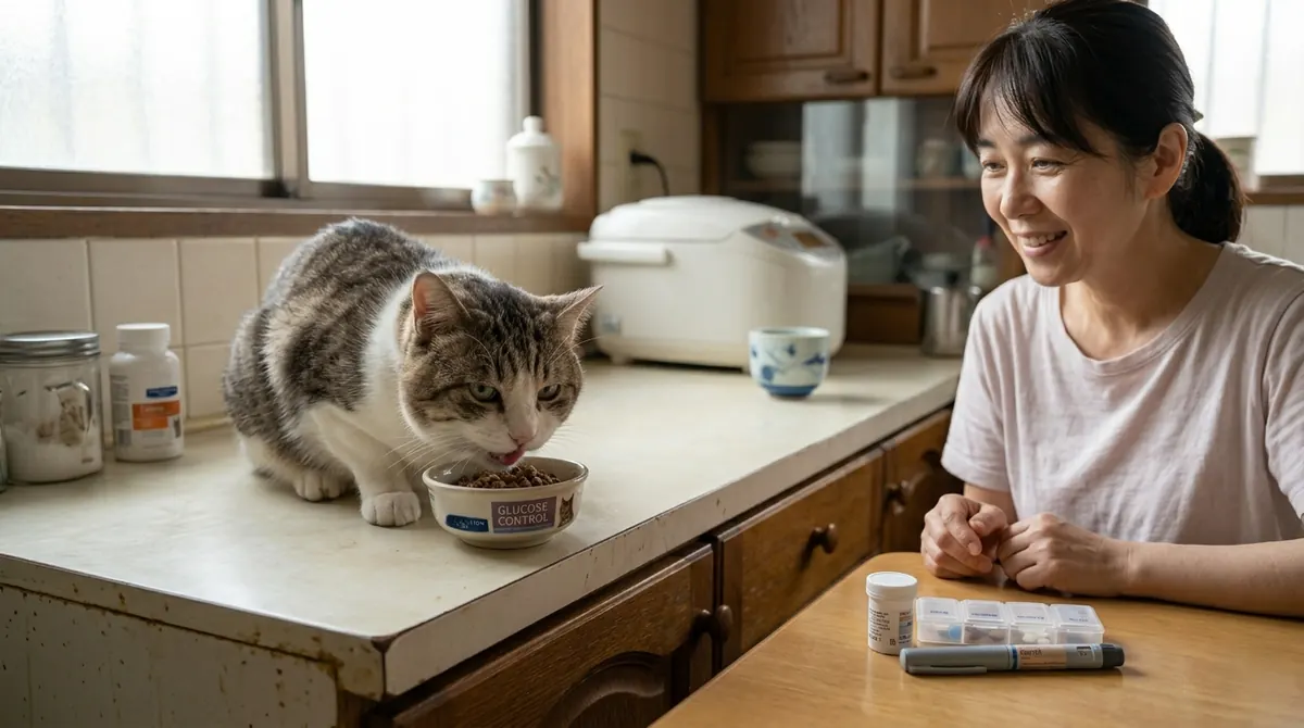 動物病院での診察後に担当医から説明を受ける飼い主と猫（実写風）